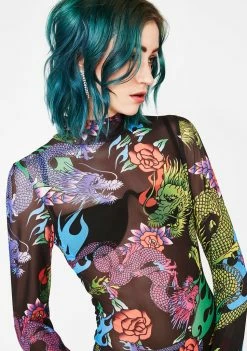 Jaded London Tops Dragon Print Mesh Bodysuit