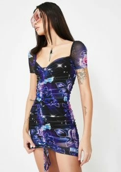 Jaded London 80s Floral Print Ruched Mesh Mini Dress