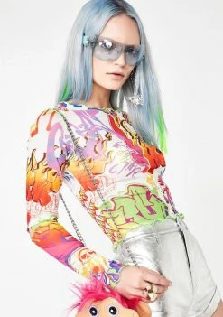 Jaded London Tops White Graffiti Print Mesh Top