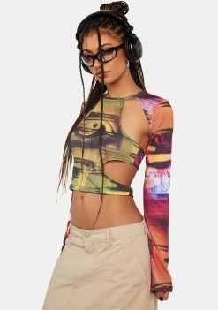 Jaded London Oracle Eye Print Cut-Out Top Long Sleeve Crop Top