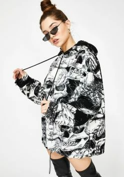 Jaded London Skull Print Oversized Fleece Hoodie Tops