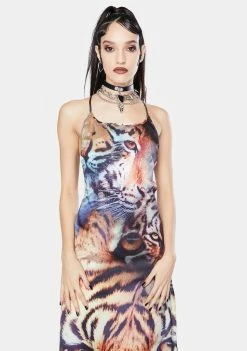 Jaded London Dresses Tiger Print Satin Tie Back Maxi Dress