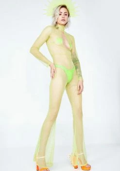 Jaded London Diamante Neon Green Mesh Keyhole Flared Leg Catsuit