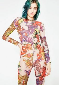 Jaded London Jumpsuits & Rompers Dragon Print Mesh Flared Catsuit