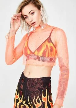 Jaded London Neon Orange Diamante Mesh Long Sleeve Crop Top