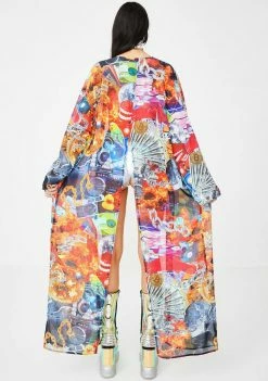 Jaded London Collage Print Flared Sleeve Kimono Outerwear