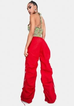 Jaded London Bottoms Red Cotton Wide Leg Cargo Trouser With Cut Out Ruched Detail