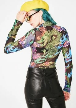Jaded London Tops Dragon Print Mesh Bodysuit