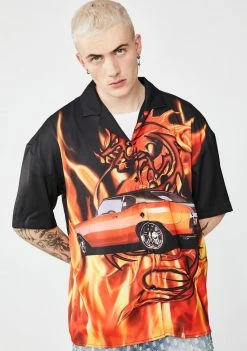 Jaded London Flaming Car Print Oversized Shirt Tops