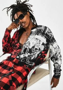 Jaded London Tops Spliced Zip-Up Punk Print Long Sleeve Tee