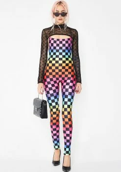 Jaded London Rainbow Checkerboard Square Neck Catsuit Jumpsuits & Rompers