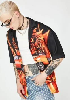 Jaded London Flaming Car Print Oversized Shirt Tops