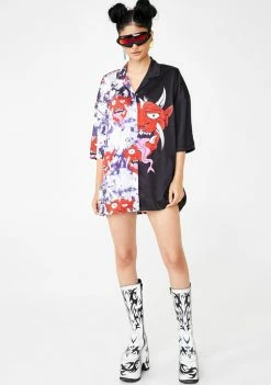 Jaded London Half & Half Devil Print Oversized Shirt Tops