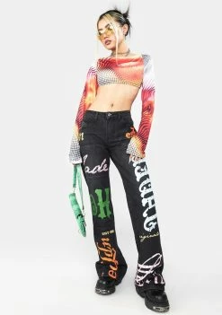 Jaded London Tops Y2K Lips Print Backless Long Sleeve Top