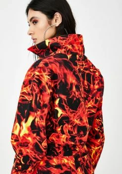 Jaded London Outerwear Flame Print Cropped Denim Jacket