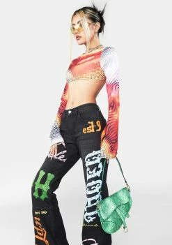 Jaded London Tops Y2K Lips Print Backless Long Sleeve Top