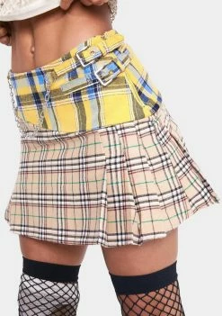 Jaded London Check Mix Pleated Mini Skirt With Buckles & Chain