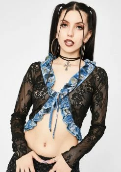 Jaded London Lace Patchwork Denim Ruffle Crop Top Tops