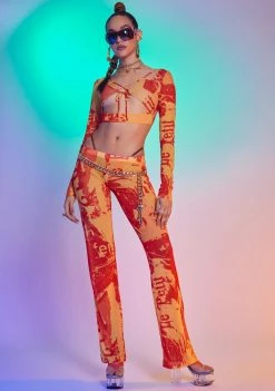 Jaded London Orange Tonal Ripped Magazine Print Mesh Top