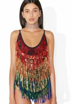 Jaded London Rainbow Fringe Sequin Plunge Swimsuit