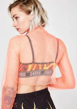 Jaded London Neon Orange Diamante Mesh Long Sleeve Crop Top