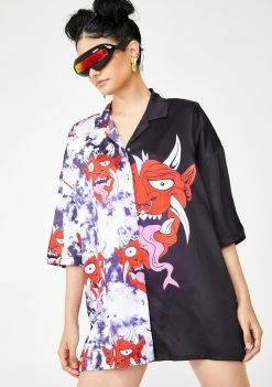 Jaded London Half & Half Devil Print Oversized Shirt Tops