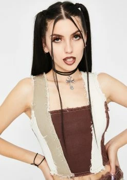 Jaded London Tops Brown Patchwork Denim Corset Top