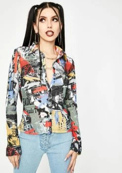 Jaded London Magazine Print Fitted Button Up Shirt Tops