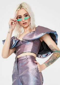 Jaded London Tops Pink Blue Metallic Puff Sleeve Crop Top