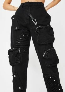 Jaded London Bottoms Black Cargo Jeans With Round Pocket Detail