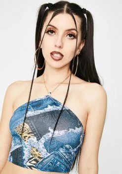 Jaded London Patchwork Denim Chain Halter Top