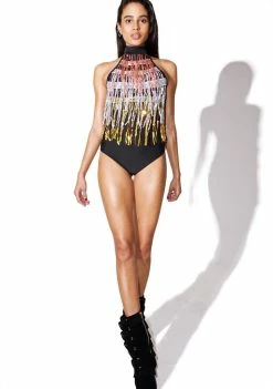 Jaded London Sequin Fringe High Neck Bodysuit Tops