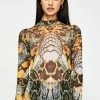 Jaded London Snake Print High Neck Mesh Bodysuit Tops