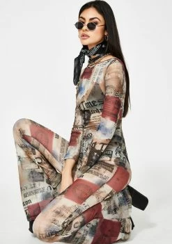 Jaded London Newspaper Print Mesh Flared Catsuit
