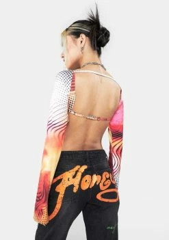 Jaded London Tops Y2K Lips Print Backless Long Sleeve Top