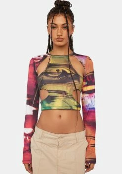 Jaded London Oracle Eye Print Cut-Out Top Long Sleeve Crop Top