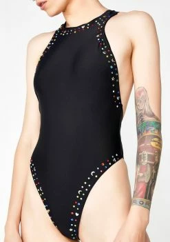 Jaded London Black Rhinestone Racer Neck Swimsuit