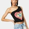 Jaded London One Shoulder Ribbed Top With Diamante Baby Girl Heart Graphic Tops