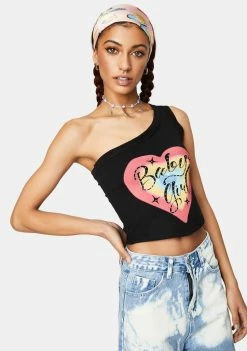 Jaded London One Shoulder Ribbed Top With Diamante Baby Girl Heart Graphic Tops
