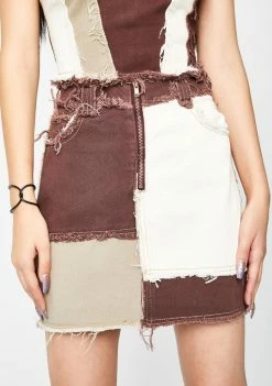 Jaded London Bottoms Brown Patchwork Denim Mini Skirt