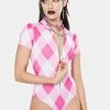 Jaded London Pink Diamond Check Print Zip Up Bodysuit Tops