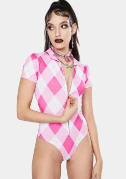 Jaded London Pink Diamond Check Print Zip Up Bodysuit Tops