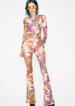 Jaded London Jumpsuits & Rompers Dragon Print Mesh Flared Catsuit