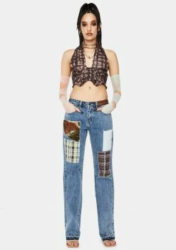 Jaded London Patchwork Check Mid Rise Boyfriend Fit Jeans Bottoms