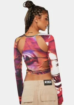 Jaded London Oracle Eye Print Cut-Out Top Long Sleeve Crop Top
