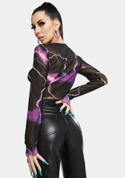 Jaded London Purple Lightning Print Long Sleeve Mesh Top