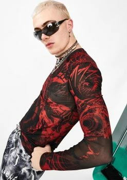 Jaded London Tops Space Game Print Mesh Long Sleeve Top