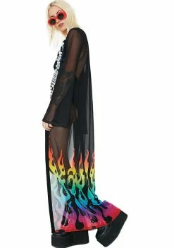 Jaded London Rainbow Flame Maxi Kimono Outerwear