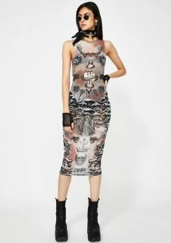 Jaded London Tattoo Print Mesh Midi Dress