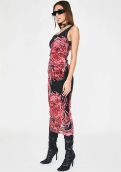 Jaded London Double Layer Mesh Skull Print Midi Dress